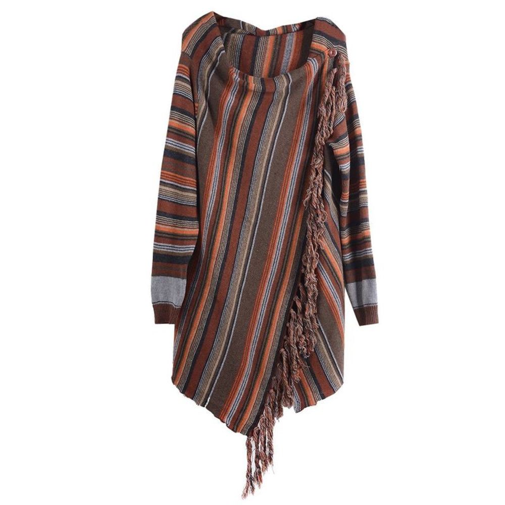 Women's Open Front Knited Tassels Slash Loose Cardigan Crew Neck Speckled Fringe